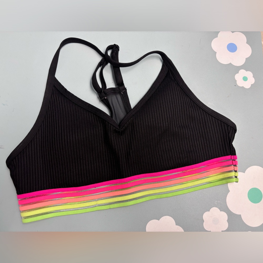Pink Sports Bra Black w Neon Yellow & Pink Band sz Small